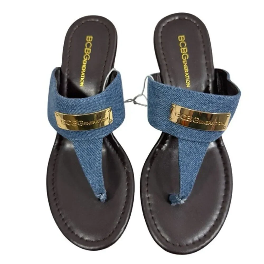 BCBGENERATION DOMINIQUE DENIM THONG WEDGE SANDALS NWT 8 Y2K